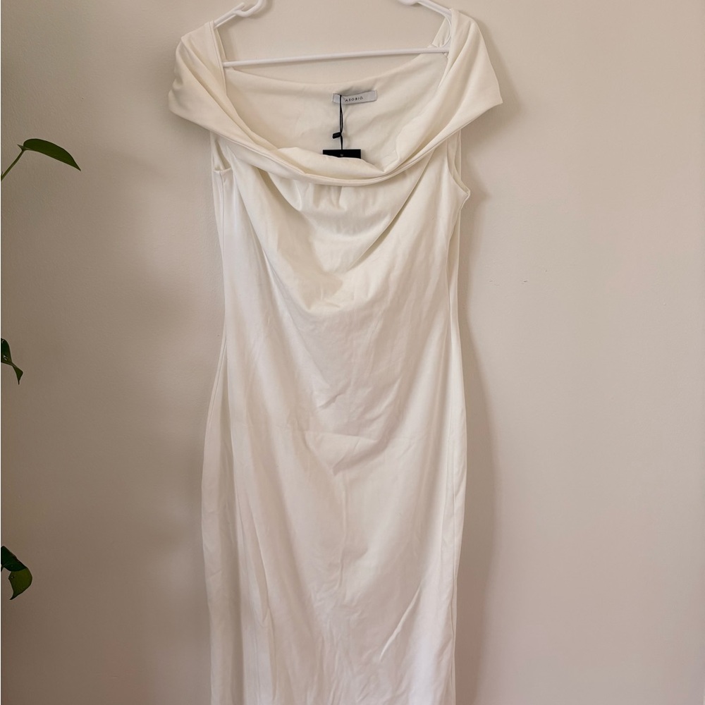 Elegant White Asymmetric Neckline Dress
